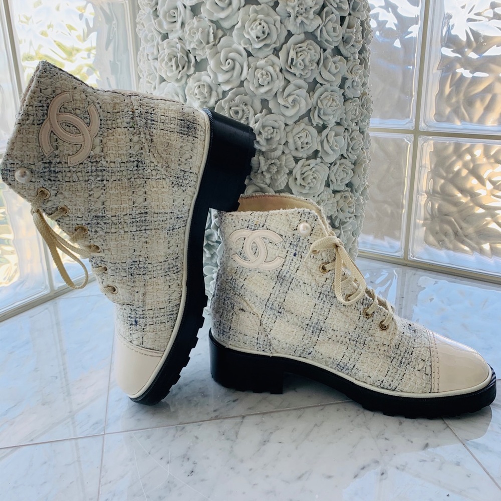 CHANEL Cream Tweed Ankle Boots